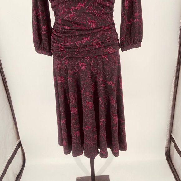 NWT Shape FX Dress S Pink Black Lace Ruched Fit Flare 3/4 Sleeve Built in Girdle - Picture 5 of 12